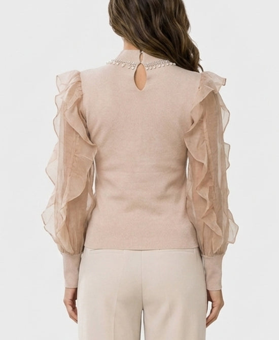 
Sweater w/ Rhinestone Neck & Ruffle Sleeves in BEIGE view 2