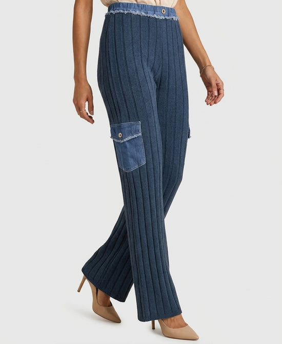 
Knit Ribbed Cargo Pants w/ Denim in BLUE view 1