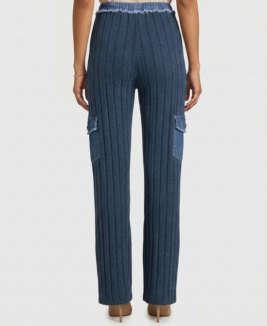 
Knit Ribbed Cargo Pants w/ Denim in BLUE view 2
