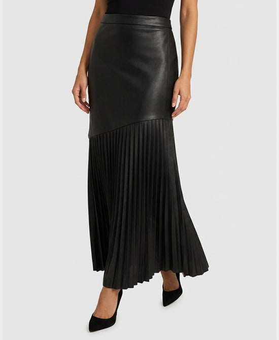 
Faux Leather & Chiffon Maxi Skirt in BLACK view 1