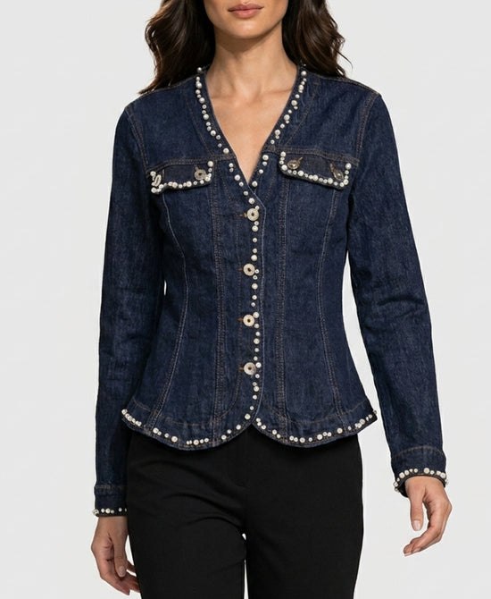 
Denim Peplum Jacket w/ Pearls & Rhinestones in DARK WASH view 1