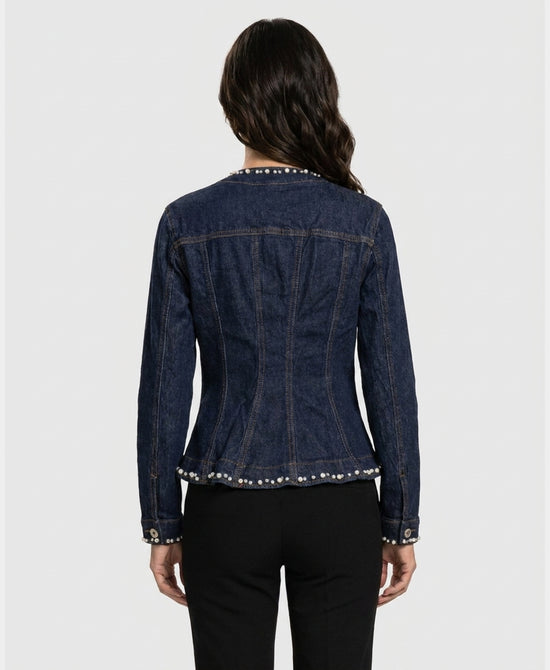 
Denim Peplum Jacket w/ Pearls & Rhinestones in DARK WASH view 2