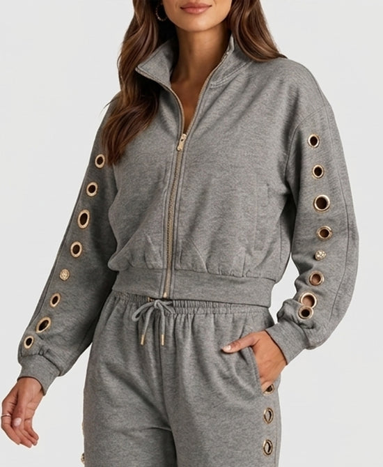 
Gold Grommet & Jeweled Track Jacket in GREY view 1