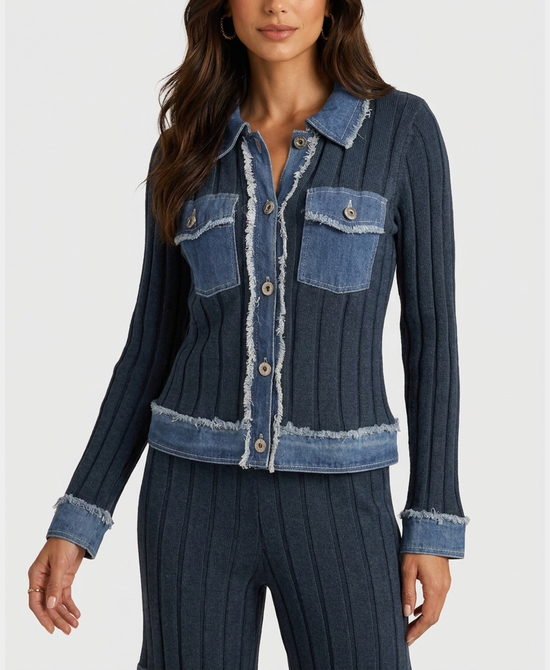 
Knit Ribbed Jacket w/ Denim in BLUE view 1
