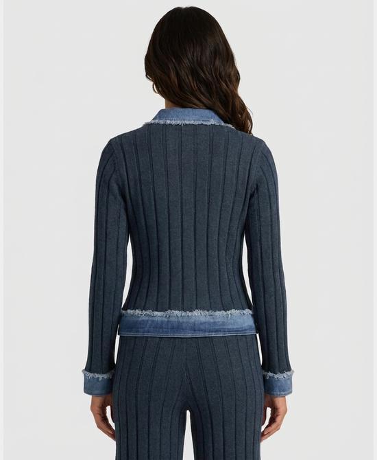 
Knit Ribbed Jacket w/ Denim in BLUE view 2