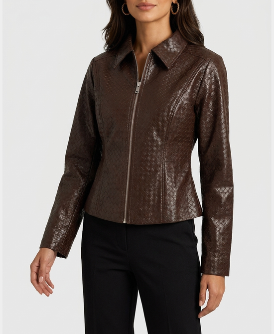 
Faux Leather Woven Jacket in DARK BROWN view 1