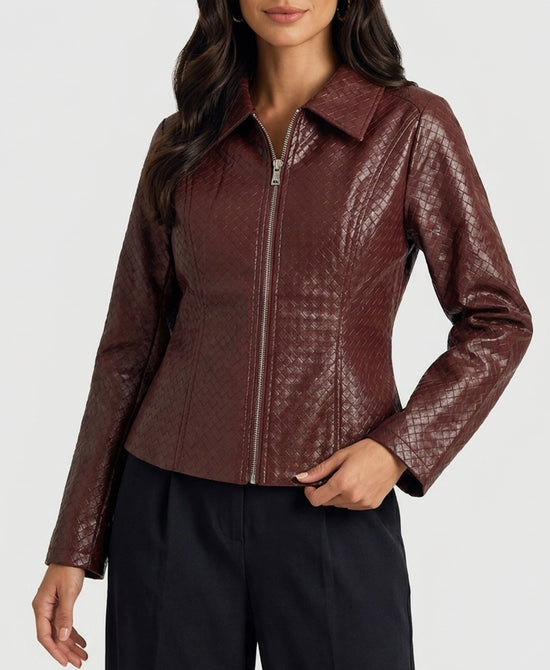 
Faux Leather Woven Jacket in BURGUNDY view 1