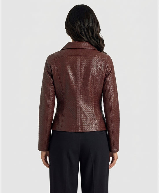 
Faux Leather Woven Jacket in BURGUNDY view 2