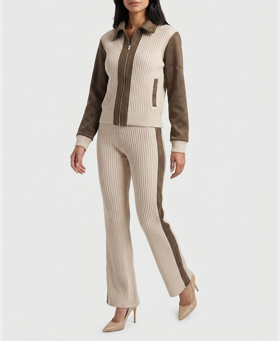 
Knit Ribbed Jacket & Pant Set w/ Faux Suede Trim- 2 Pc Set in BEIGE/MOSS view 1