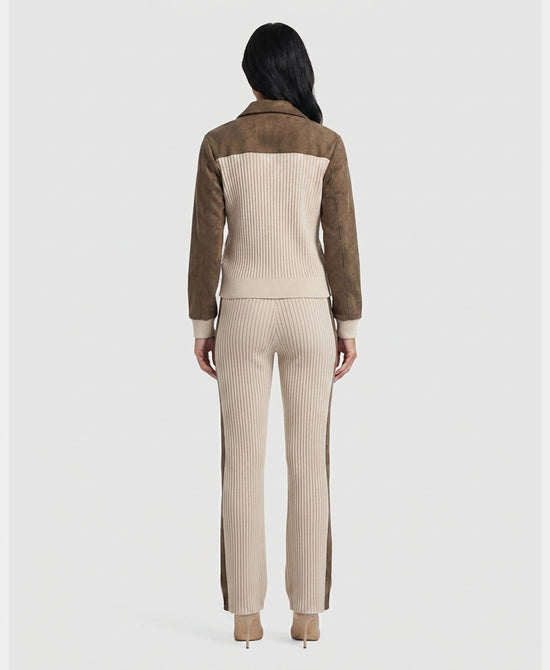 
Knit Ribbed Jacket & Pant Set w/ Faux Suede Trim- 2 Pc Set in BEIGE/MOSS view 2