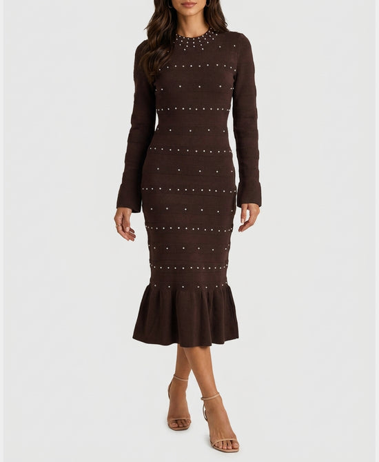 
Knit Maxi Dress w/ Rhinestones in BROWN view 1