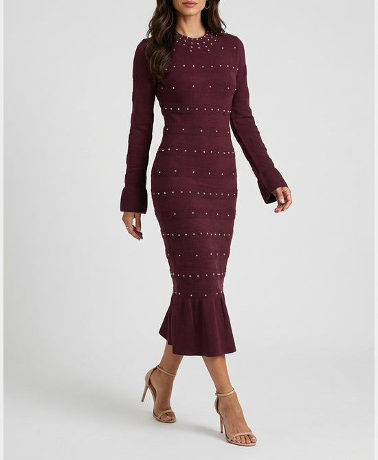 
Knit Maxi Dress w/ Rhinestones in BURGUNDY view 1