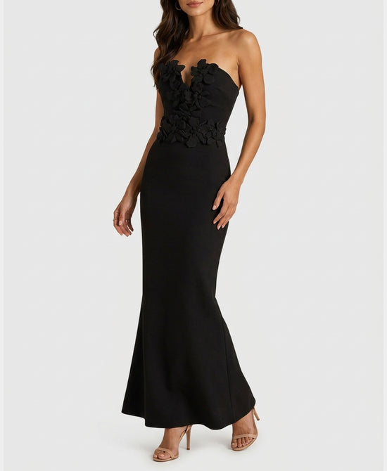 
Strapless Bandage Maxi Dress w/ Flowers in BLACK view 1