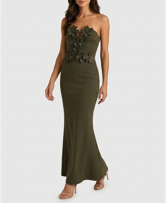 
Strapless Bandage Maxi Dress w/ Flowers in OLIVE view 1