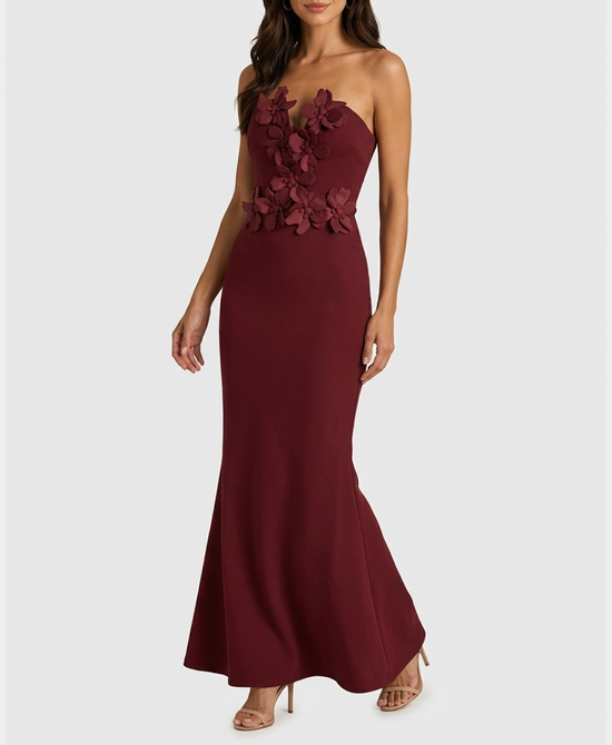 
Strapless Bandage Maxi Dress w/ Flowers in BURGUNDY view 1