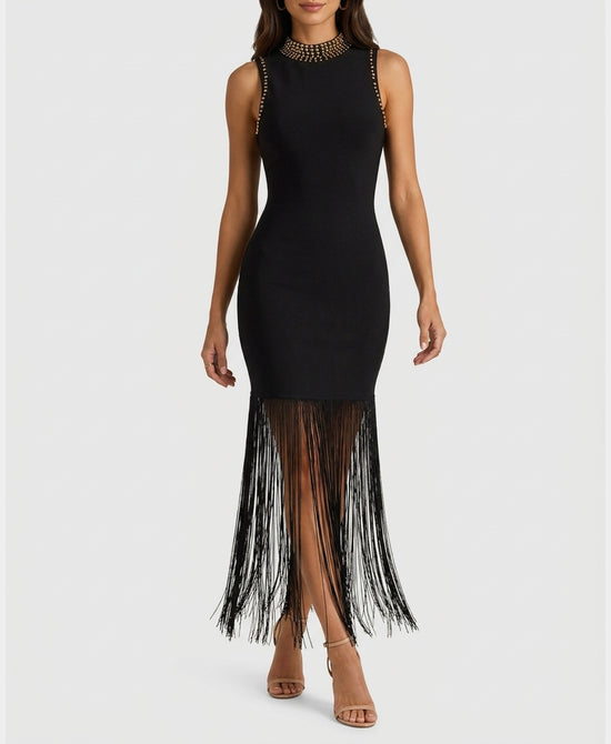 
Bandage Maxi Dress w/ Fringe & Studs in BLACK view 1