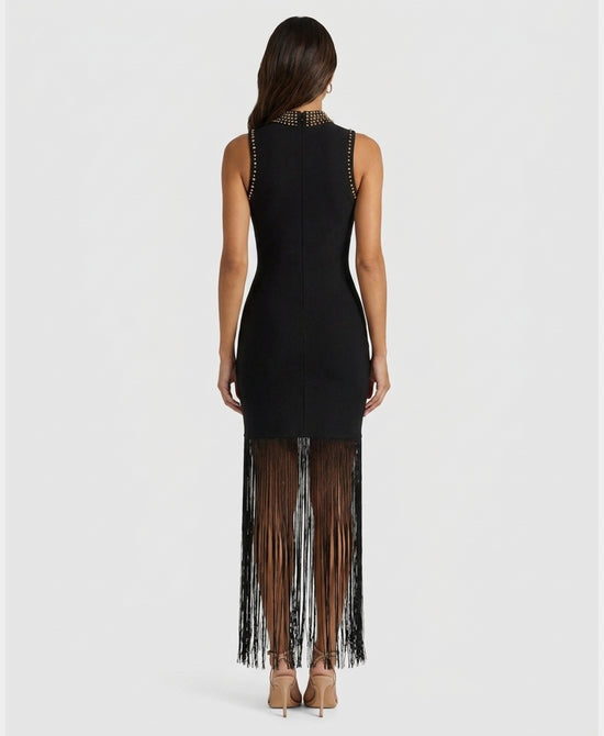 
Bandage Maxi Dress w/ Fringe & Studs in BLACK view 2