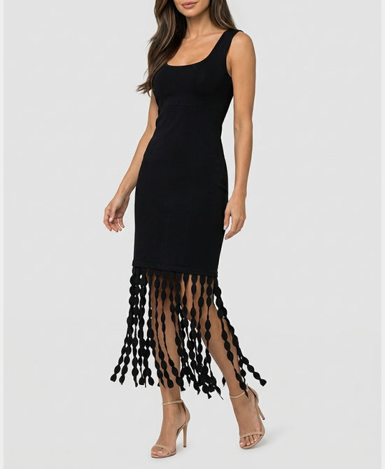
Knit Midi Dress w/ Scallop Frings in BLACK view 1