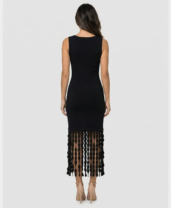 
Knit Midi Dress w/ Scallop Frings in BLACK view 2