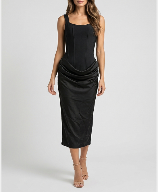 
Bandage Maxi Dress w/ Draped Overlay in BLACK view 1