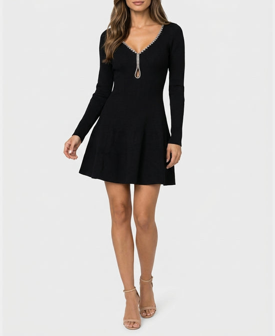 
Knit Dress w/ Rhinestone Trim in BLACK view 1
