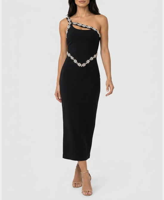 
One Shoulder Bandage Maxi Dress w/ Rhinestones in BLACK view 1