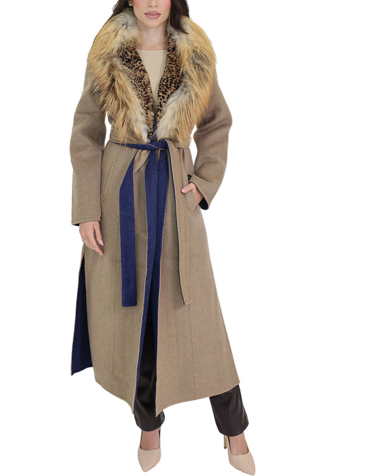Wool Coat w/ Fox Fur & Leopard Trim view 