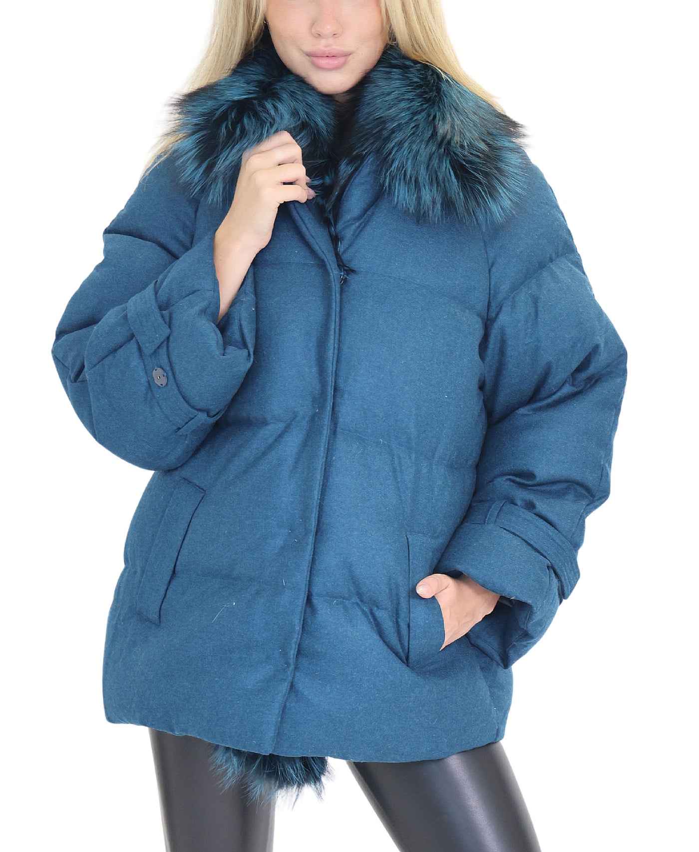 Wool Down Jacket w/ Fox Fur Trim view 1