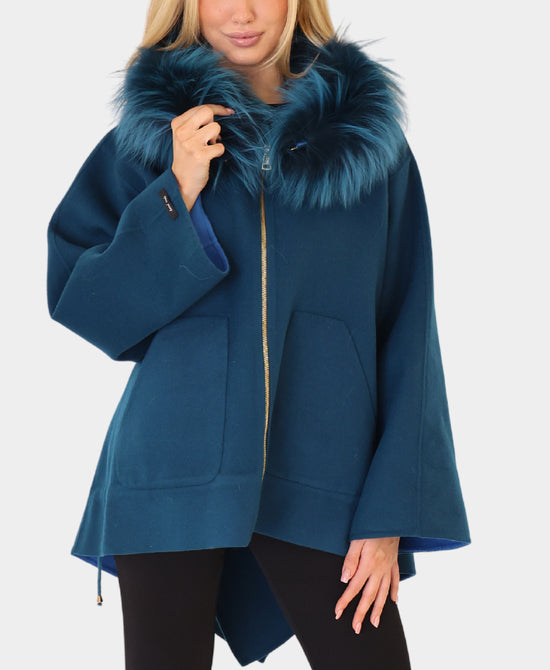 Wool Cape w/ Fox Fur Trim Hood view 
