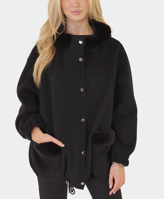 Wool Coat w/ Mink Fur Trim & Hood view 