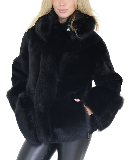 Shearling Jacket w/ Fox Fur Trim & Removable Hood view 