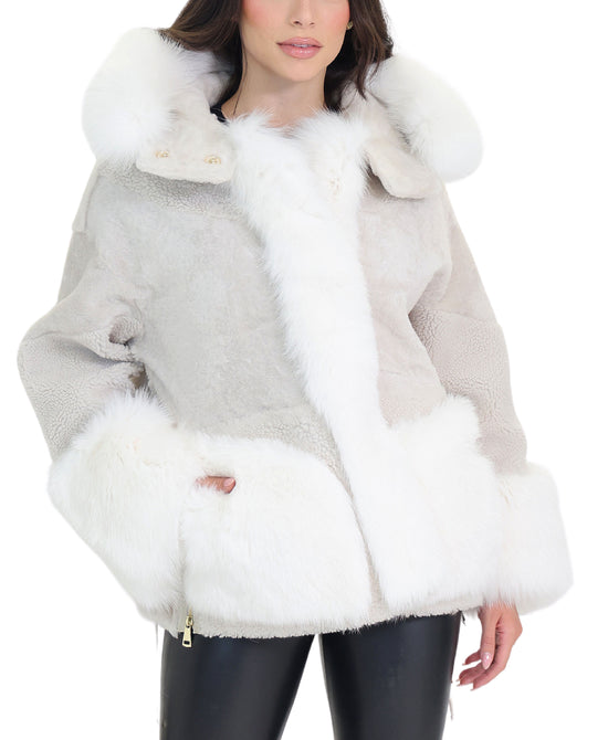 Shearling Jacket w/ Fox Fur Trim & Removable Hood view 