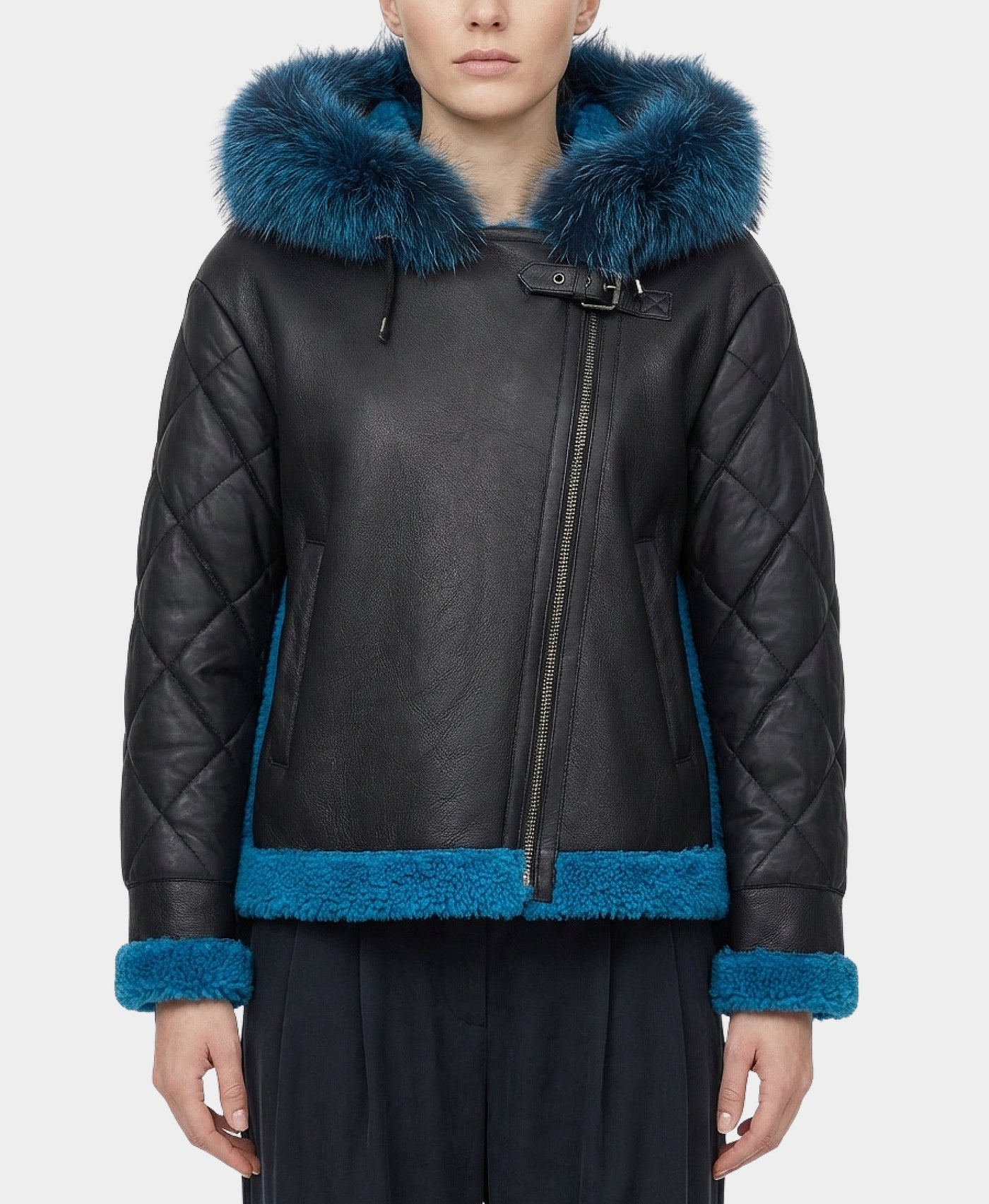 Mixed Media Shearling Moto Jacket w/ Fox Fur Trim view 1