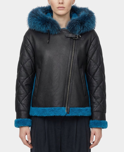 Mixed Media Shearling Moto Jacket w/ Fox Fur Trim image 1