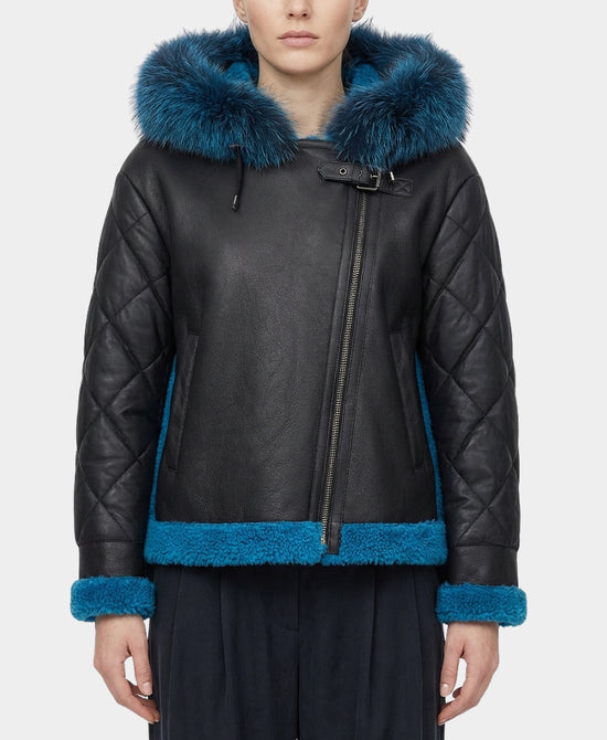 Mixed Media Shearling Moto Jacket w/ Fox Fur Trim view 