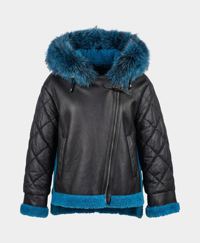 Mixed Media Shearling Moto Jacket w/ Fox Fur Trim image 3
