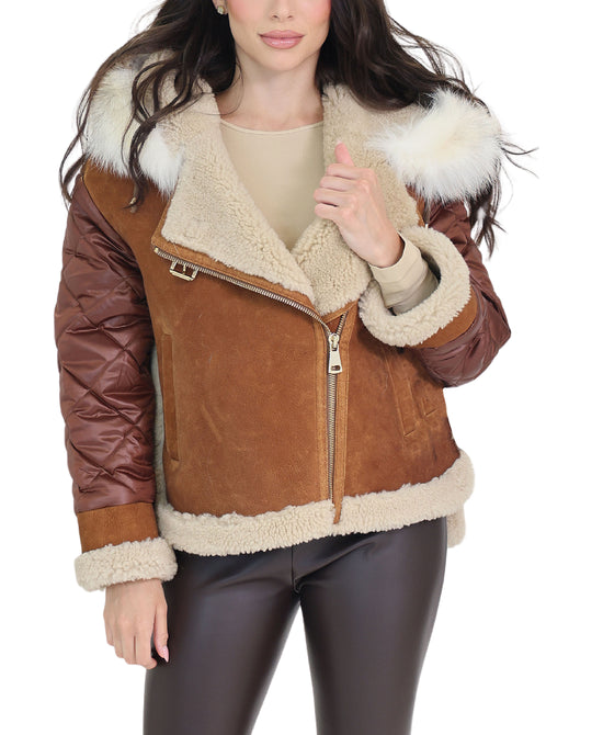Mixed Media Shearling Moto Jacket w/ Fox Fur Trim view 