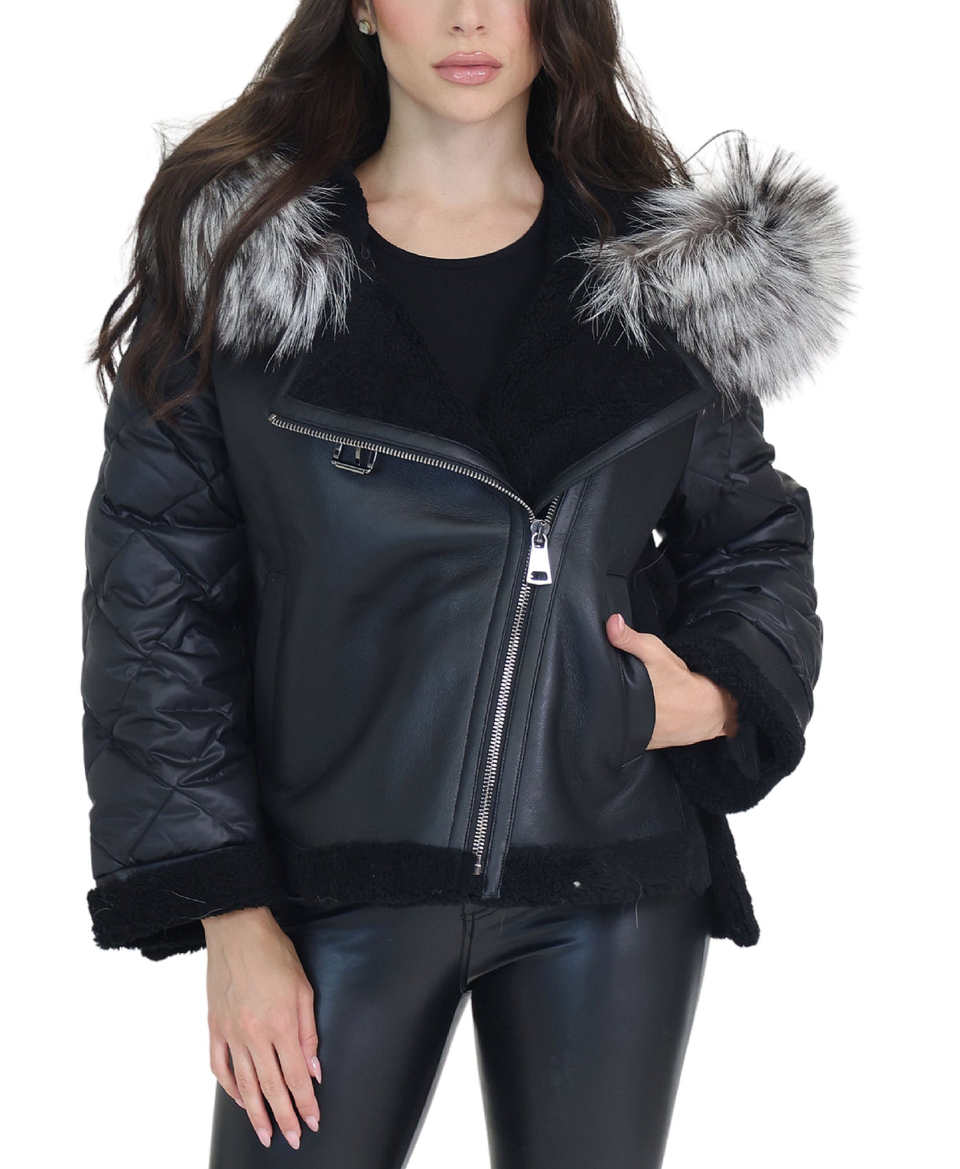 Mixed Media Shearling Moto Jacket w/ Fox Fur Trim view 1