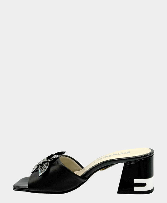 
Leather Heeled Sandal w/ Crystal Flowers in BLACK view 2