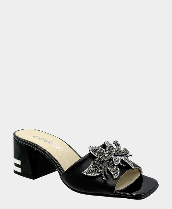 
Leather Heeled Sandal w/ Crystal Flowers in BLACK view 1