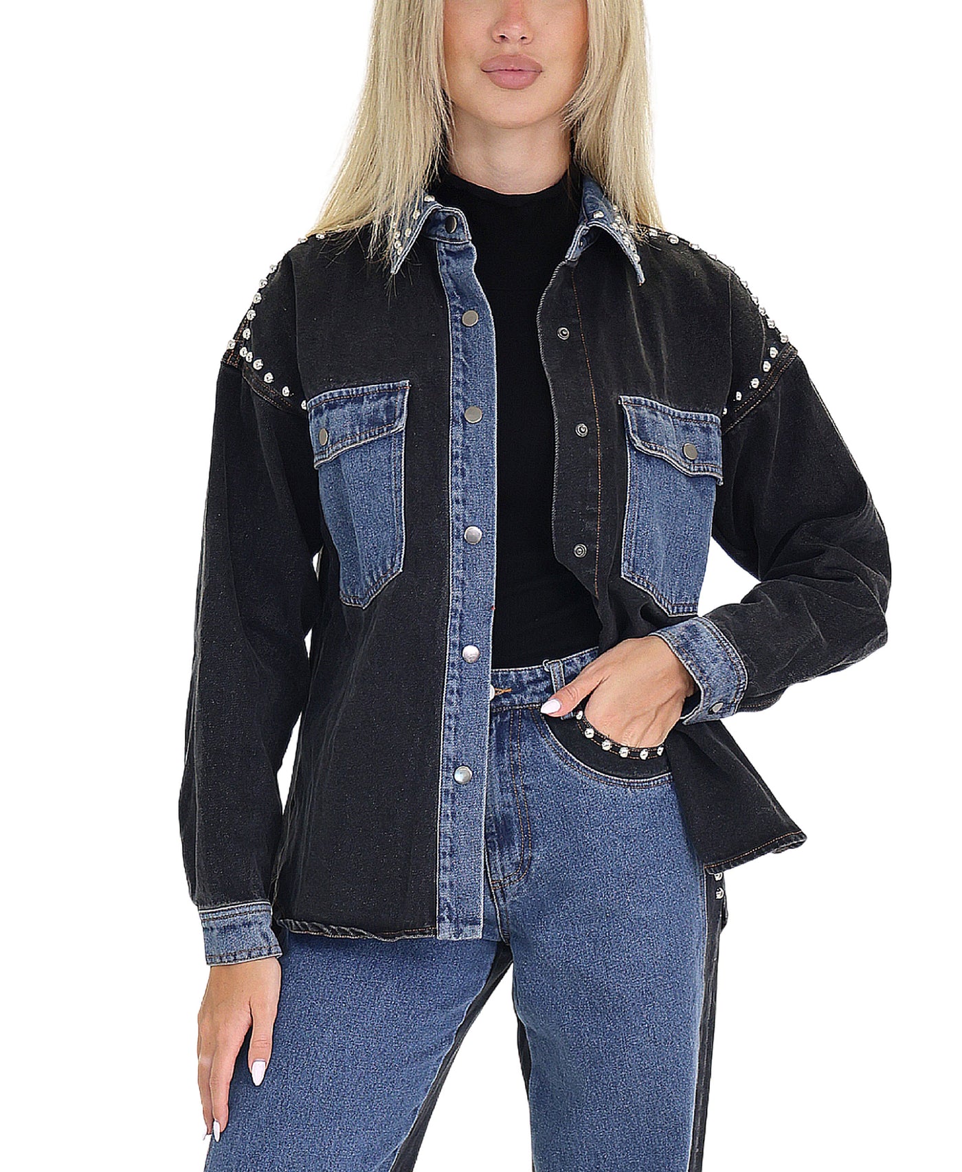 Colorblock Denim Jacket w/ Studs view 1
