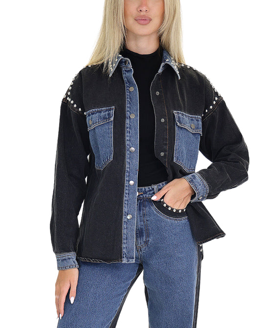 Colorblock Denim Jacket w/ Studs view 