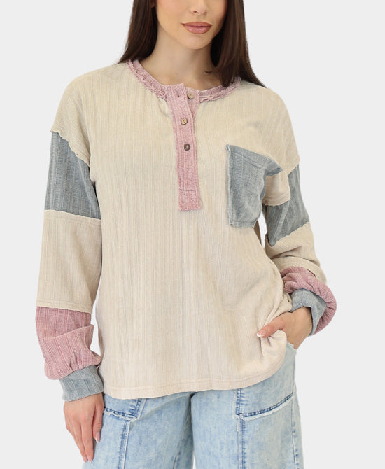 Colorblock Chenille Henley Top view 