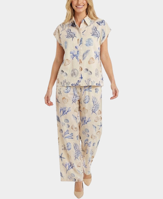 
Sea Shell Print Blouse & Pants Set- 2 Pc Set in CREAM/BLUE view 1