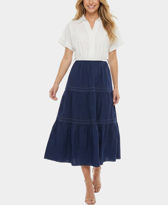 
Contrast Tiered Midi Dress in NAVY/WHITE view 1
