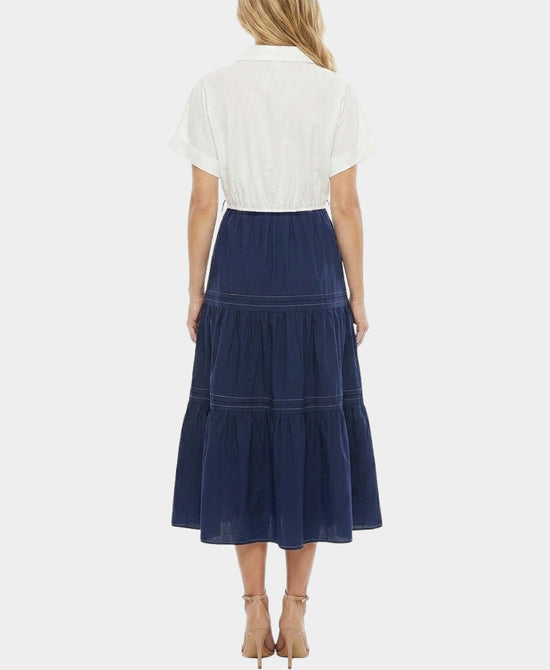 
Contrast Tiered Midi Dress in NAVY/WHITE view 2