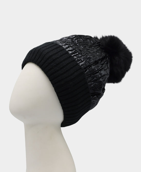 Puffer & Knit Hat w/ Fox Fur Pom view 