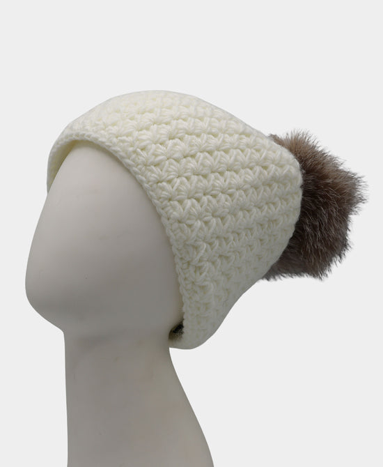 Woven Knit Hat w/ Fox Fur Pom view 