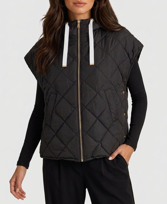 
Quilted Puffer Vest w/ Side Buttons & Hood in BLACK view 1