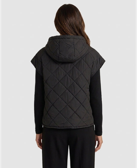 
Quilted Puffer Vest w/ Side Buttons & Hood in BLACK view 2
